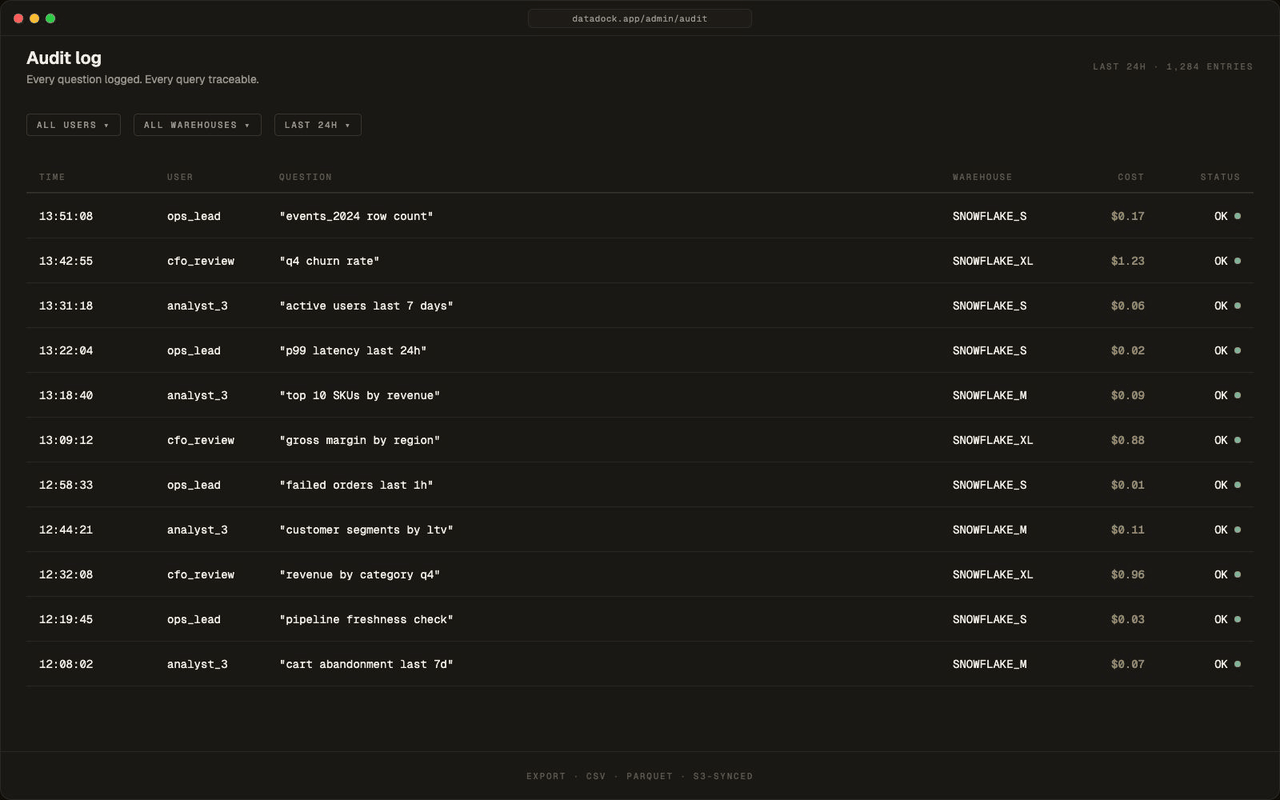 DataDock audit view — query log with user, SQL, cost, timestamp